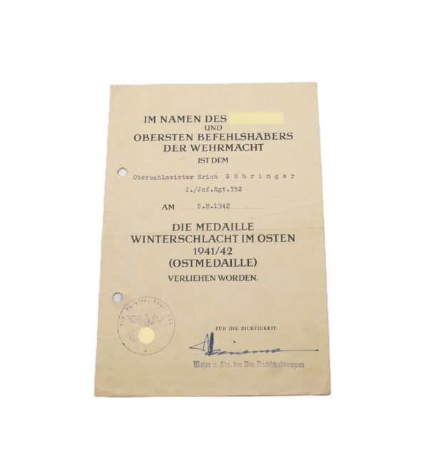 Grosse Verleihungsurkunde – Urkunde zum KVK 2. Klasse – Medaille Winterschlacht im Osten – Oberzahlmeister - 1./Inf. Rgt. 352 – Verleihungsurkunden mit Foto – Bild 3