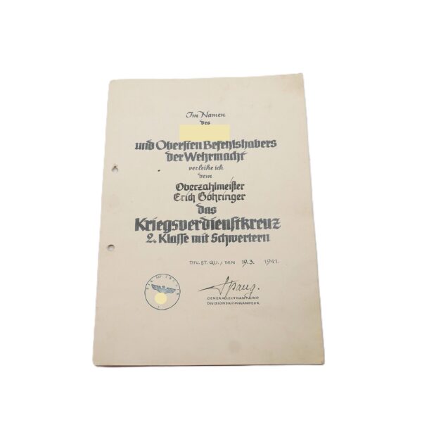 Grosse Verleihungsurkunde – Urkunde zum KVK 2. Klasse – Medaille Winterschlacht im Osten – Oberzahlmeister - 1./Inf. Rgt. 352 – Verleihungsurkunden mit Foto – Bild 2
