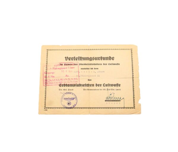 Urkunde zum Erdkampfabzeichen der Luftwaffe - 10./Flakregiment 11 - EKA - Verleihungsurkunde
