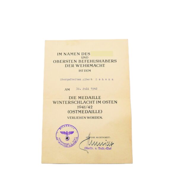 Urkunde zur Medaille Winterschlacht im Osten – Für einen Obergefreiten - Flak – WIO – Urkunde - Ostmedaille