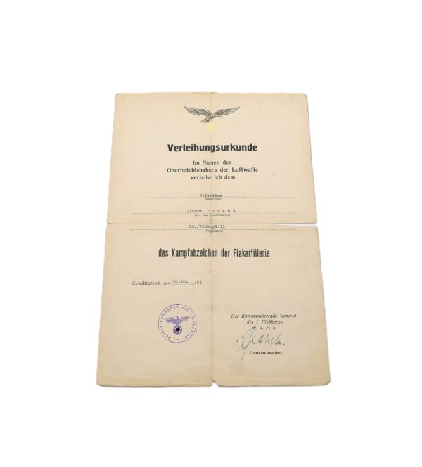 Urkunde zum Flakkampfabzeichen der Luftwaffe – 10./Flakregiment 11 – FKA – Verleihungsurkunde