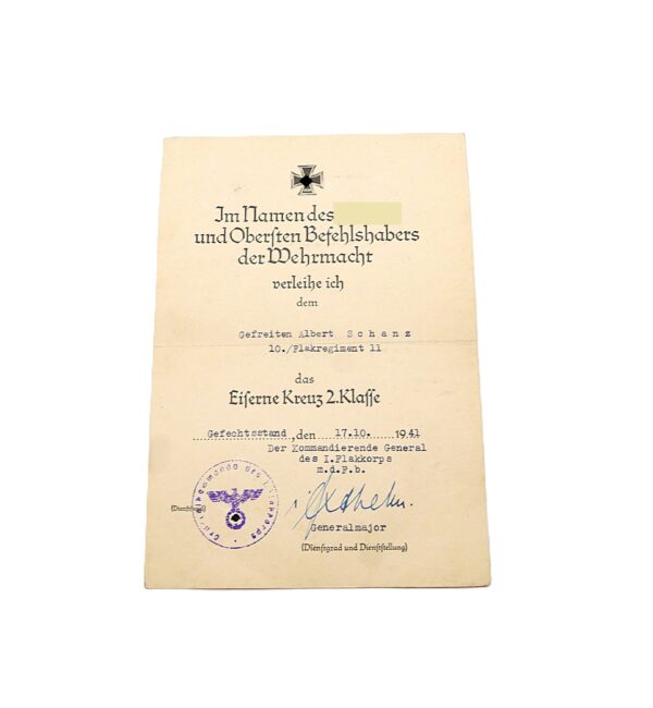 Verleihungsurkunde – Eisernes Kreuz 2. Klasse – 10./Flakregiment 11 – EK – Urkunde – Luftwaffe
