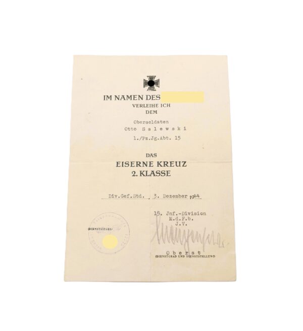 Urkunden – HJ (Hitlerjugend) Anerkennung für den Landdienst – Eisernes Kreuz 2. Klasse 1939 – 1./Pz. Jg. Abt. 15 – Panzer - Obersoldat – Bild 2
