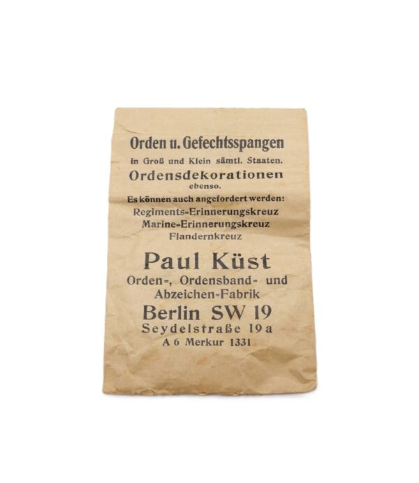 Verkaufstüte - Verleihungstüte - Tüte - Orden und Abzeichen Fabrik Paul Küst, Berlin SW 19,  Seydelstrasse 19 a