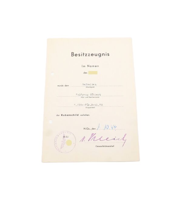 Besitzzeugnis Kubanschild – Für einen Gefreiten des 4./Div. Füs. Batl. 73 – Kuban – Ärmelschild – Schild