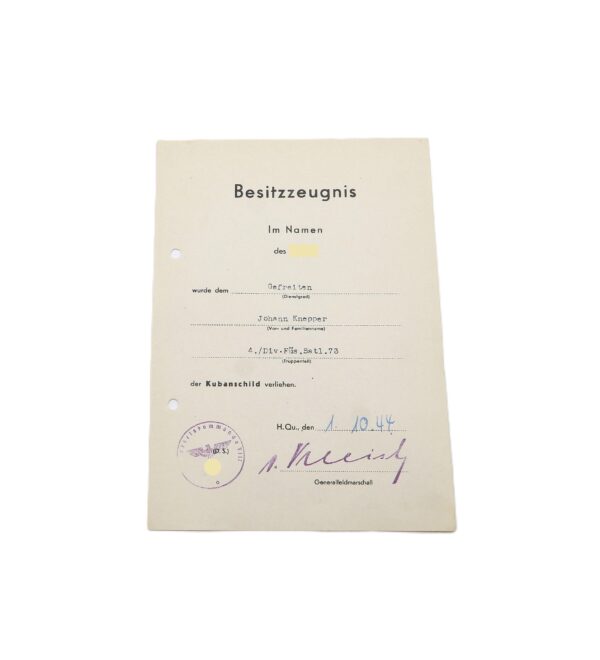 Besitzzeugnis Kubanschild – Für einen Gefreiten des 4./Div. Füs. Batl. 73 – Kuban – Ärmelschild – Schild