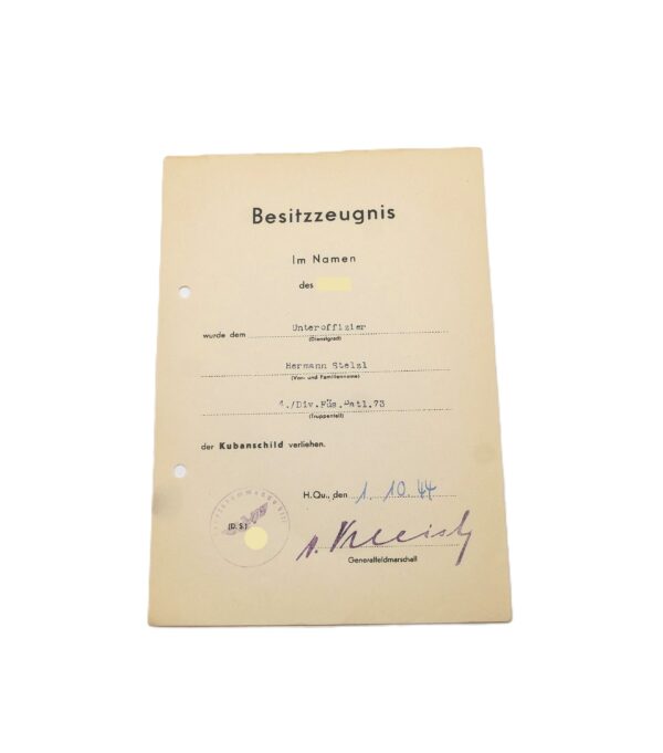 Besitzzeugnis Kubanschild – Für einen Unteroffizier des 4./Div. Füs. Batl. 73 – Kuban – Ärmelschild – Schild