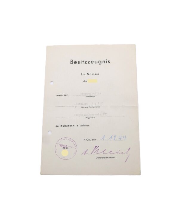 Besitzzeugnis Kubanschild – Für einen Obergefreiten der Nachschubkompanie 173 – Kuban – Ärmelschild – Schild