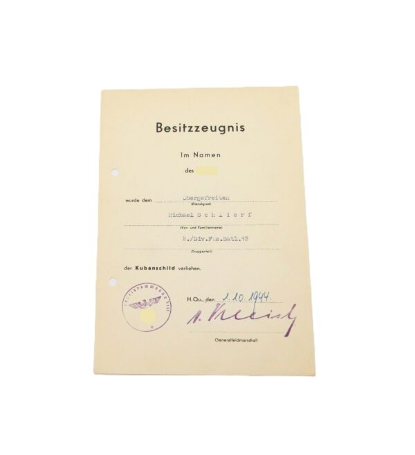 Besitzzeugnis Kubanschild – Für einen Obergefreiten des 2./Div. Füs. Batl. 73 – Kuban – Ärmelschild – Schild - Urkunde - Verleihungsurkunde
