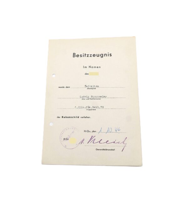 Besitzzeugnis Kubanschild – Für einen Obergefreiten des 4./Div. Füs. Batl. 73 – Kuban – Ärmelschild – Schild – Urkunde – Verleihungsurkunde