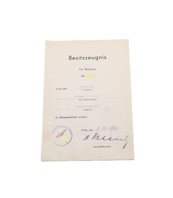 Besitzzeugnis Kubanschild – Für einen Gefreiten der 2./Nachr. Abt. 173 – Kuban – Ärmelschild – Schild – Urkunde – Verleihungsurkunde