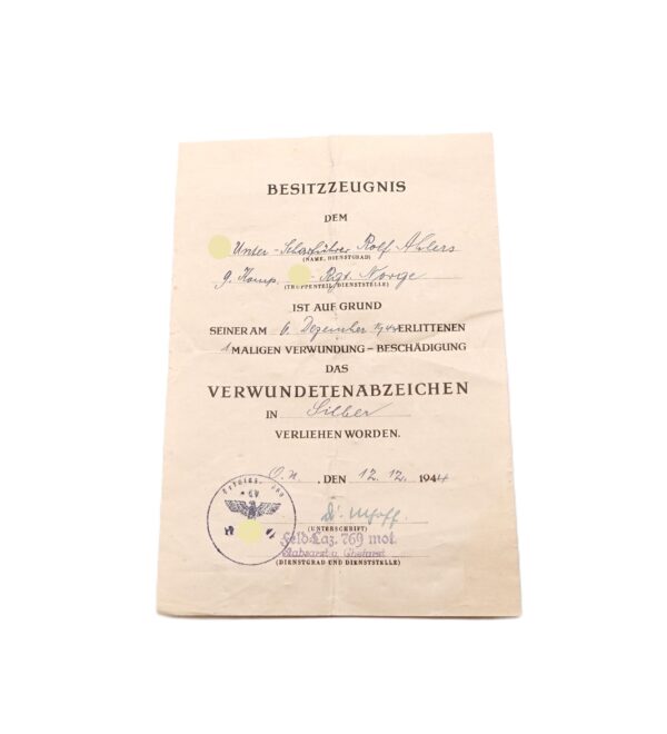 Verleihungsurkunde - Urkunde - Eisernes Kreuz - Verwundetenabzeichen Silber - SS Unterscharführer - 9. PZ. G.R. 23 Norge – Bild 3