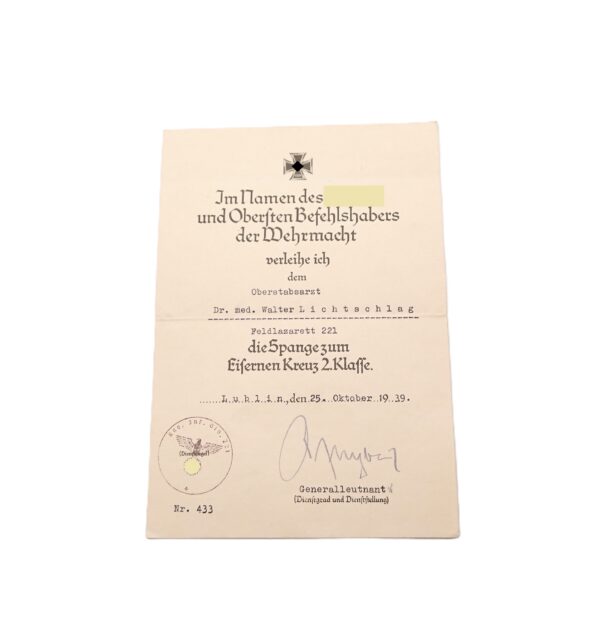 Urkunde zur Spange des Eisernen Kreuz (Wiederholungsspange) 2. Klasse – An einen Oberstabsarzt – Winterschlacht – WHS - WIO – Bild 2