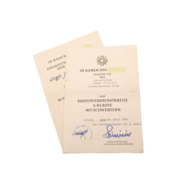 Urkunde zur Medaille Winterschlacht im Osten – Kriegsverdienstkreuz - Für einen Obergefreiten – Ortskommandantur 1/906 – WIO – KVK - Urkunde – Ostmedaille