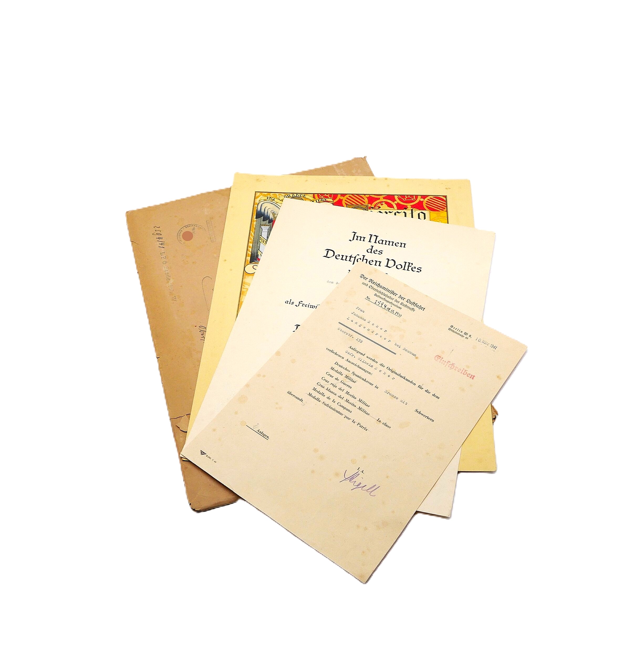 Urkunde – Verleihungsurkunde – Spanienkreuz Bronze mit Schwerter – Medalla de la Campaña – Mit dem Anschreiben und Umschlag – Legion Condor