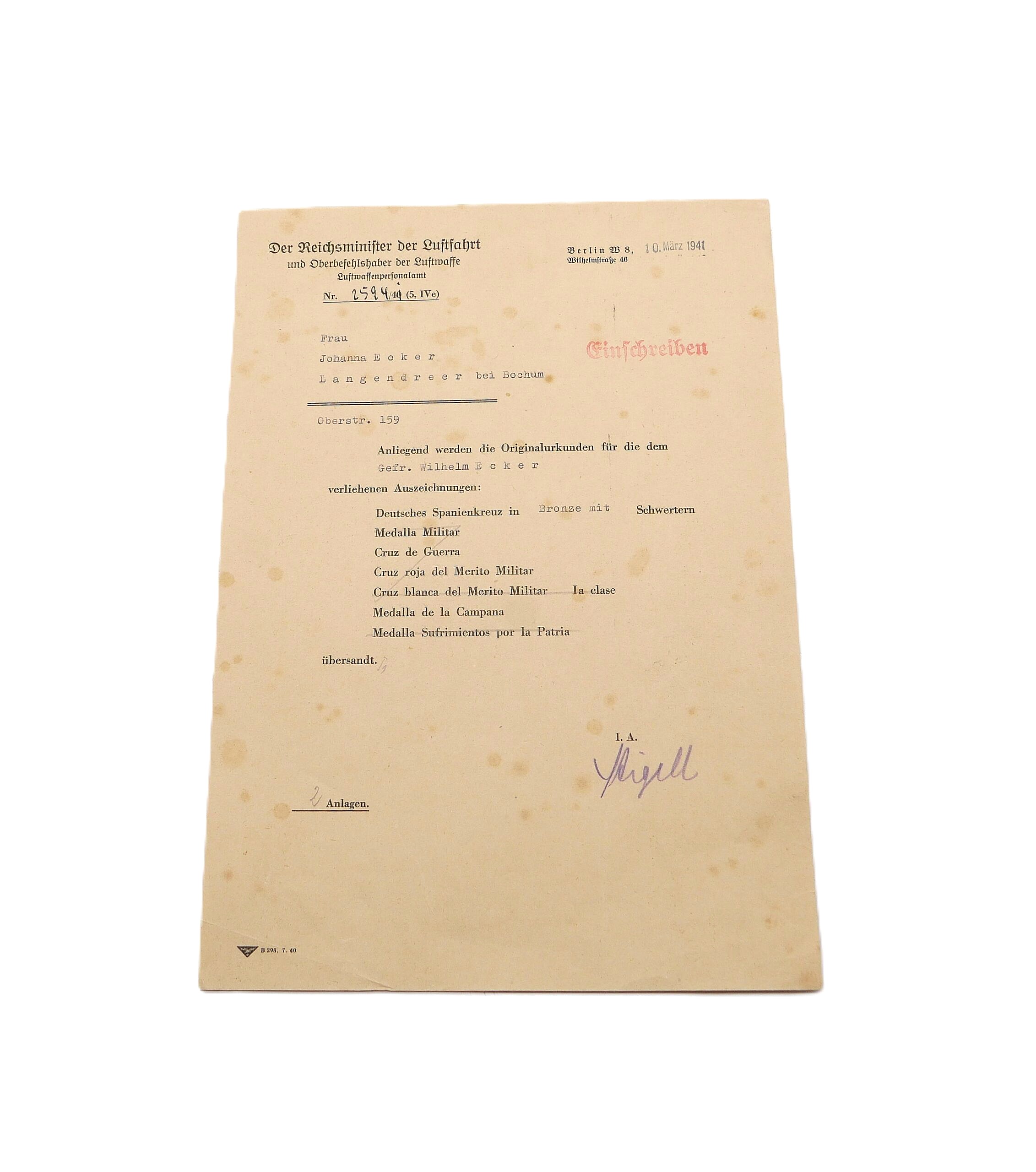 Urkunde – Verleihungsurkunde – Spanienkreuz Bronze mit Schwerter – Medalla de la Campaña – Mit dem Anschreiben und Umschlag – Legion Condor – Bild 6