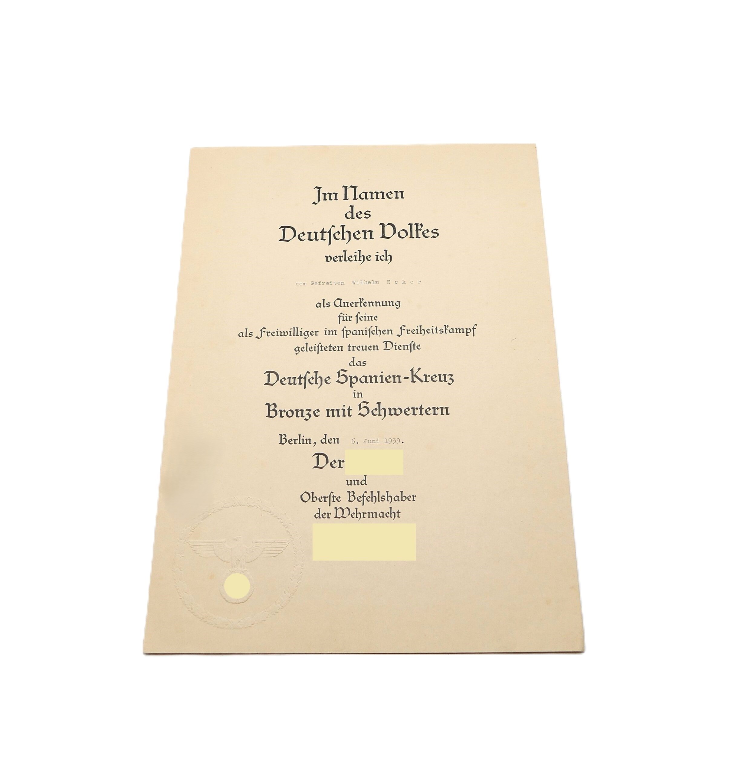 Urkunde – Verleihungsurkunde – Spanienkreuz Bronze mit Schwerter – Medalla de la Campaña – Mit dem Anschreiben und Umschlag – Legion Condor – Bild 2