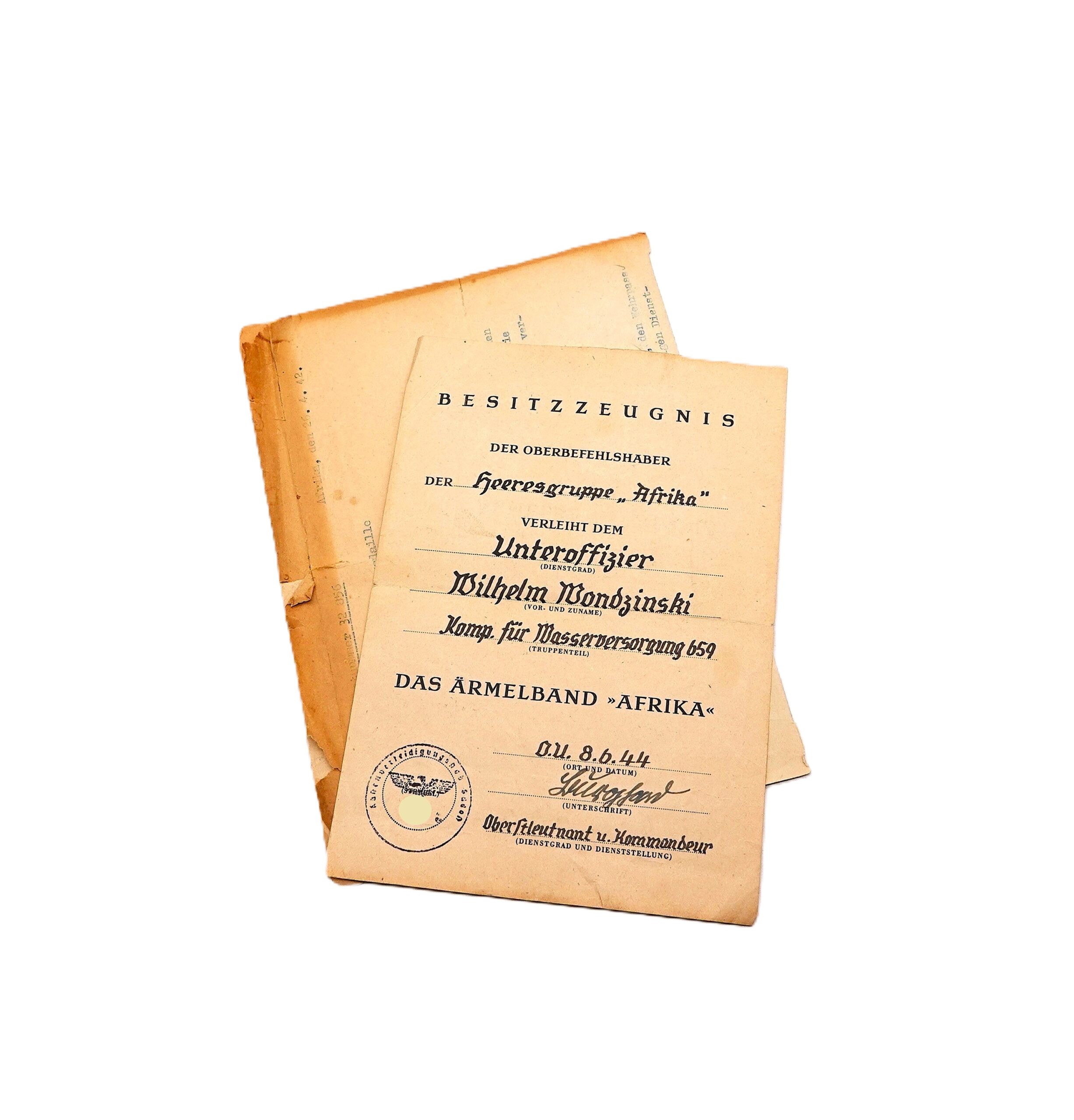 Besitzzeugnis – Ärmelband Afrika – Ärmelstreifen – Anschreiben Erinnerungsmedaille Deutsch Italienischen Feldzug – DAK