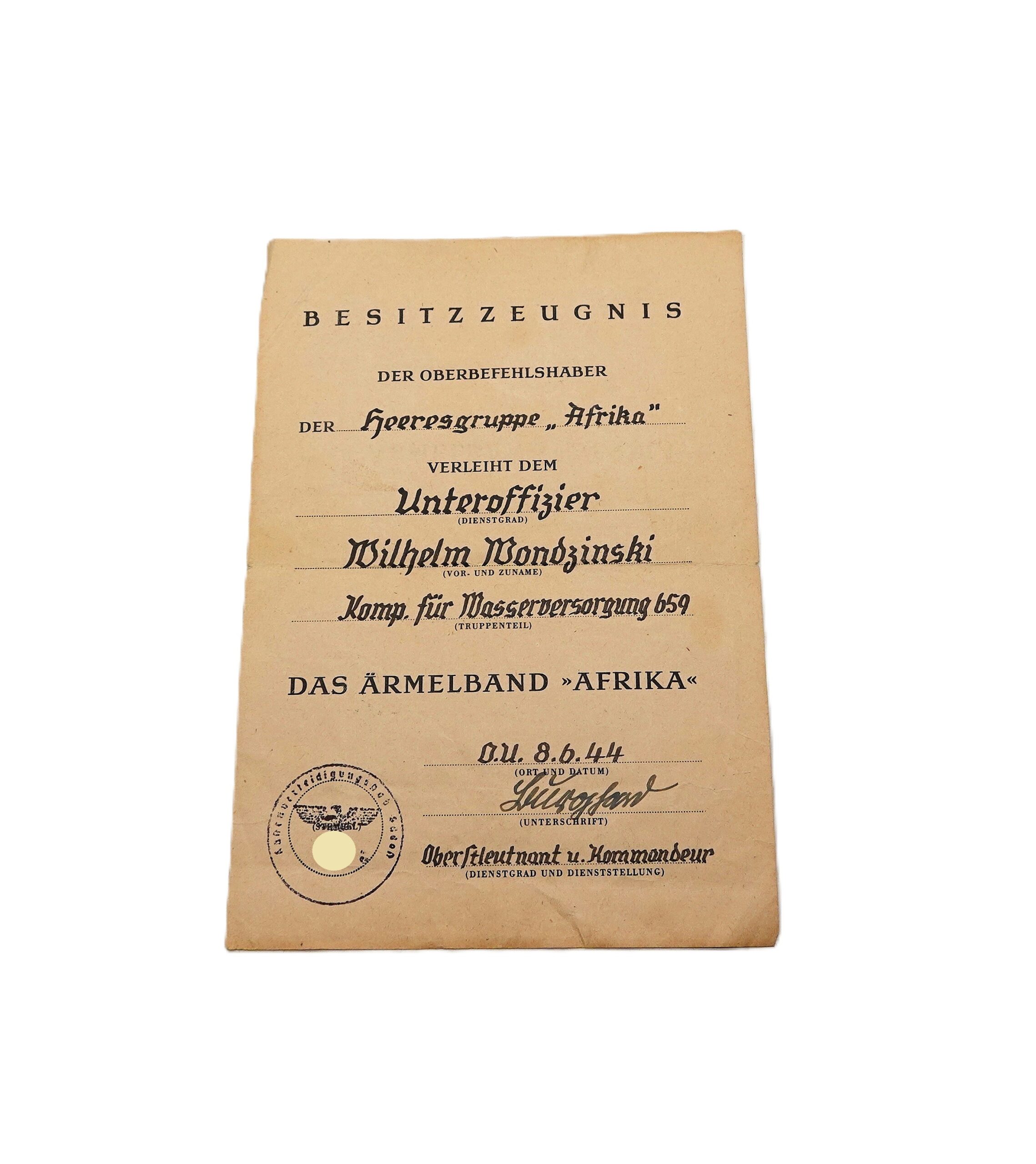 Besitzzeugnis – Ärmelband Afrika – Ärmelstreifen – Anschreiben Erinnerungsmedaille Deutsch Italienischen Feldzug – DAK – Bild 2