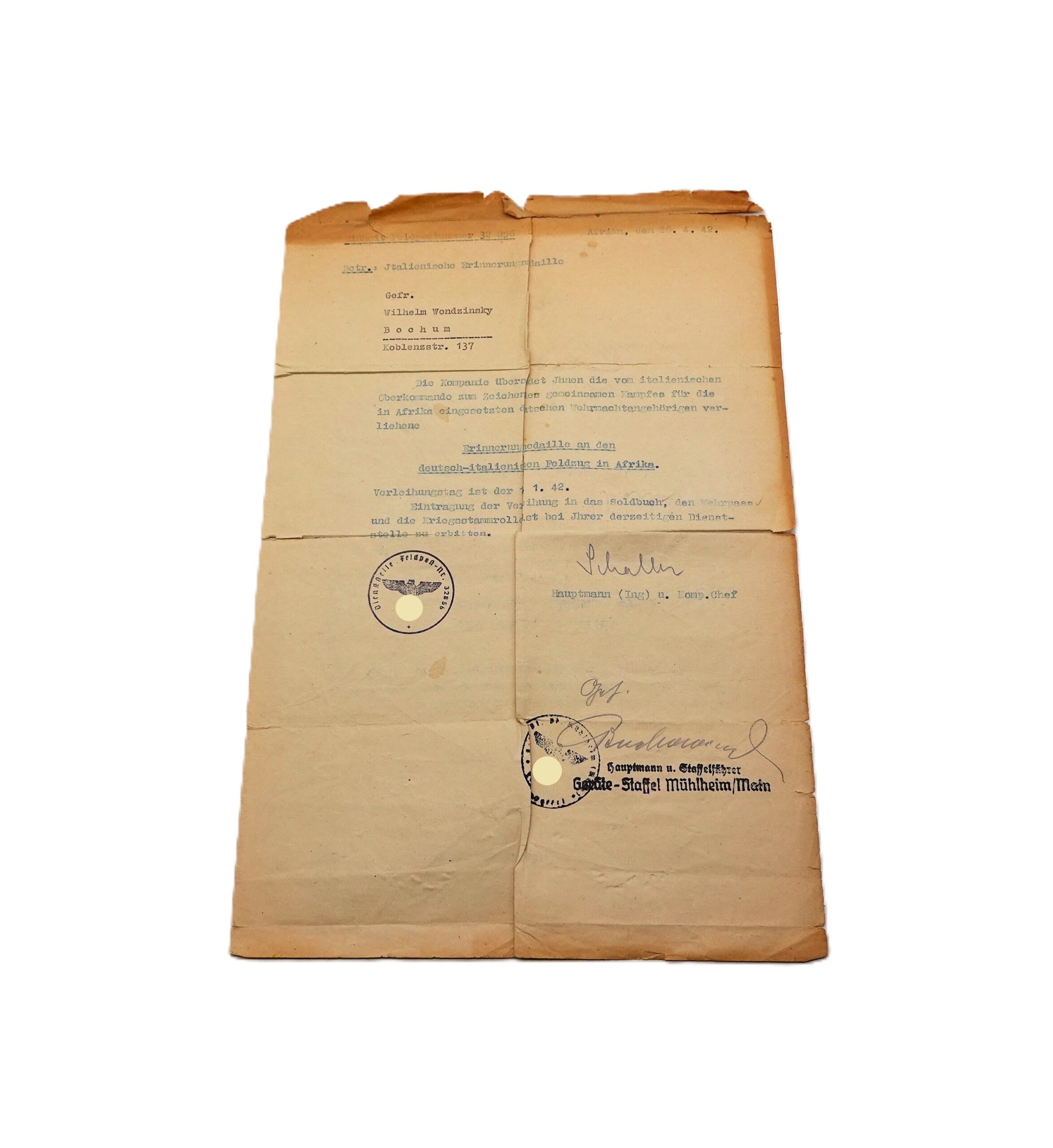 Besitzzeugnis – Ärmelband Afrika – Ärmelstreifen – Anschreiben Erinnerungsmedaille Deutsch Italienischen Feldzug – DAK – Bild 4