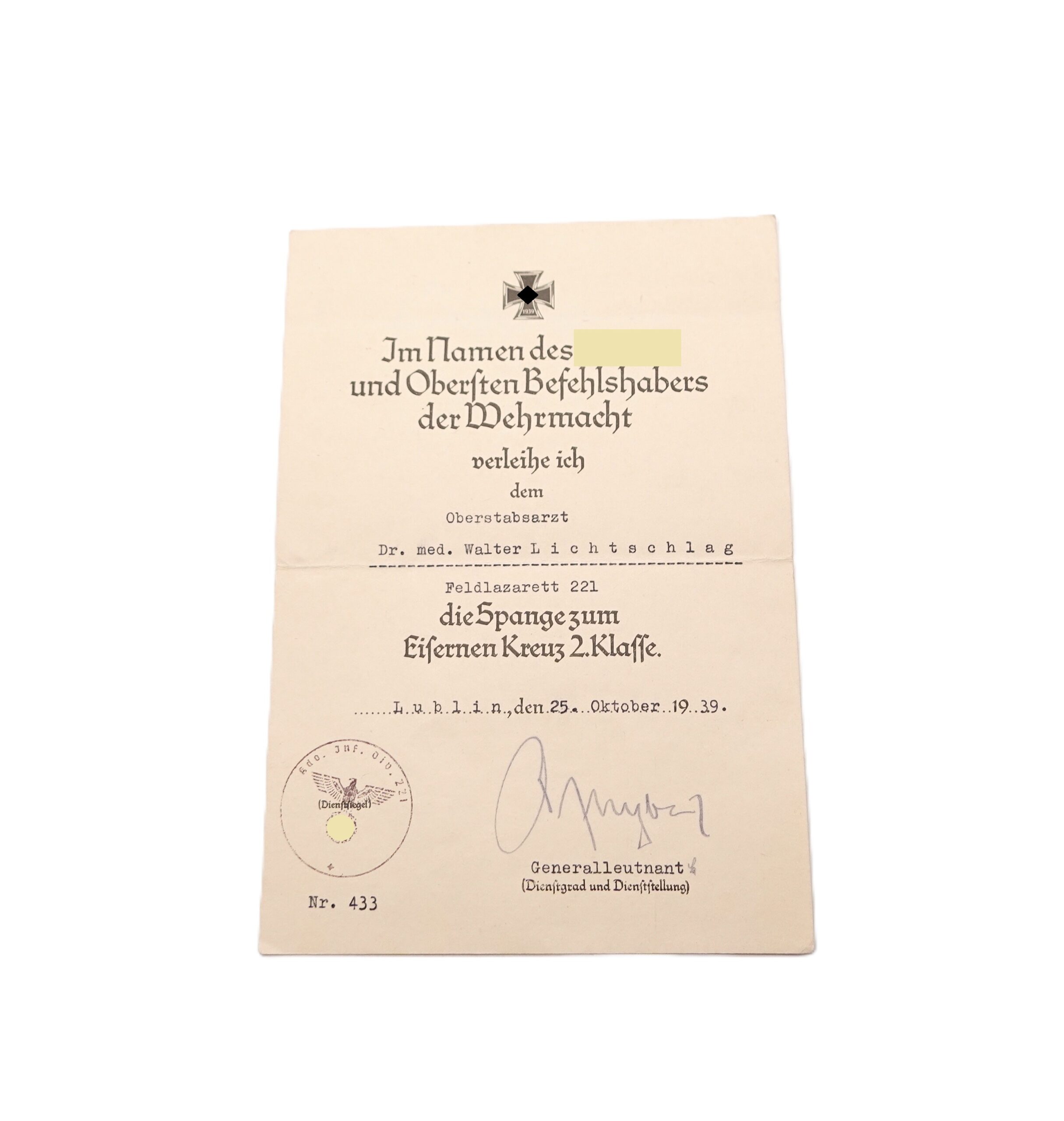 Urkunde zur Spange des Eisernen Kreuz (Wiederholungsspange) 2. Klasse – An einen Oberstabsarzt – Winterschlacht – WHS – WIO – Bild 2