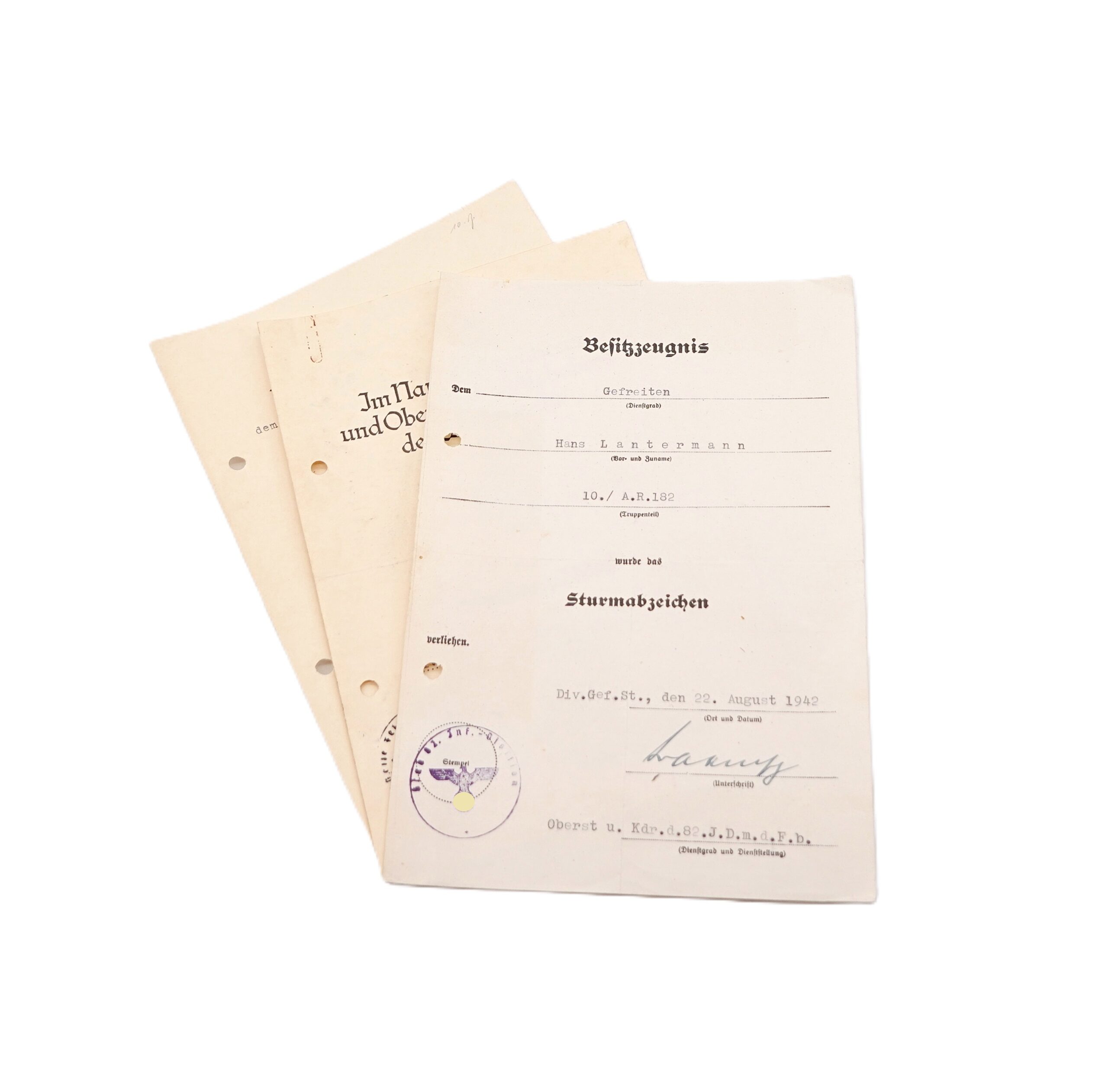 Urkundengruppe eines Gefreiten – Schutzwall Ehrenzeichen – Eisernes Kreuz 2. Klasse – Infanterie Sturmabzeichen – RAD Abteilung 5/311 - 10.A.R. 182 - EK - ISA - Artillerie