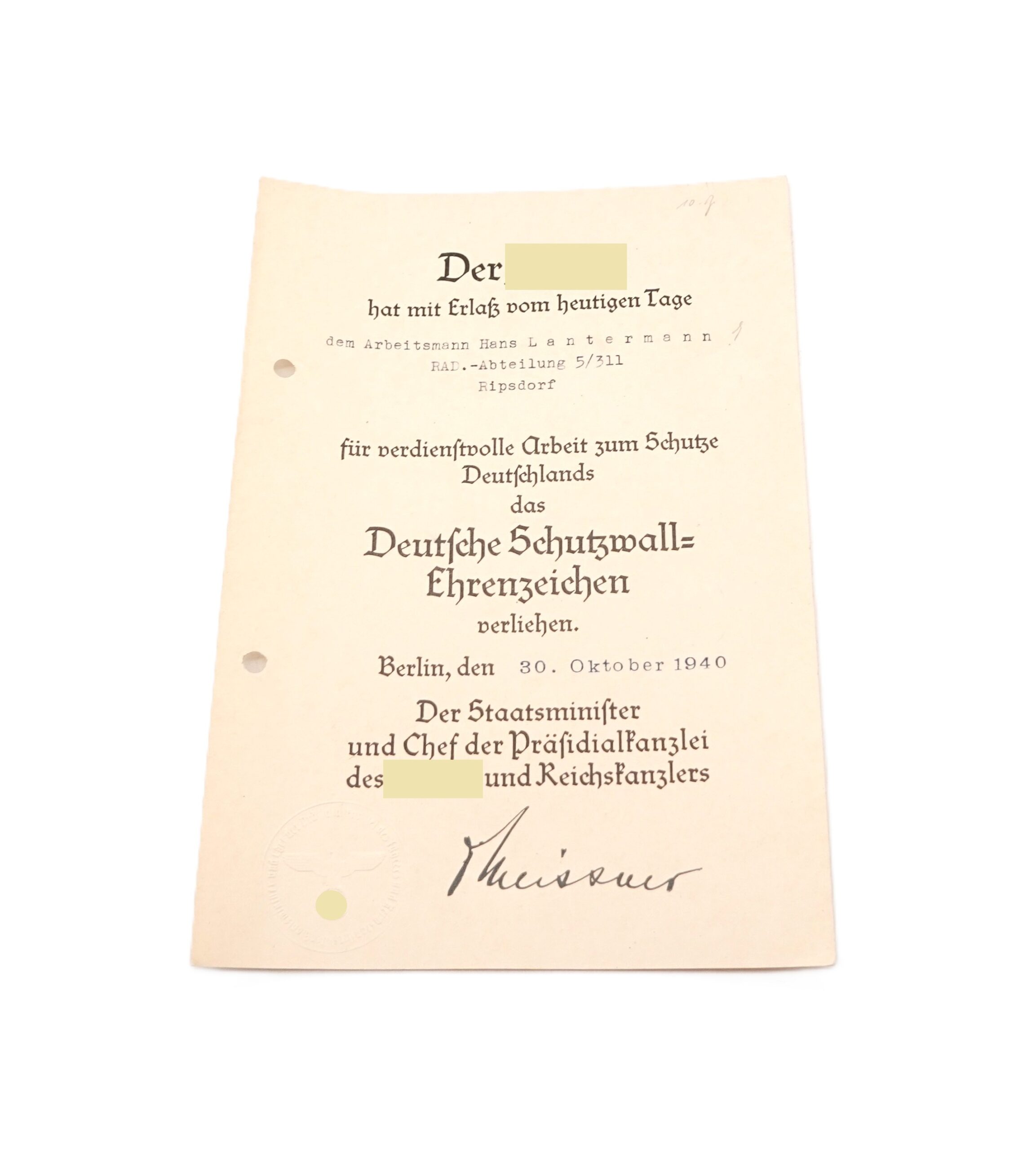 Urkundengruppe eines Gefreiten – Schutzwall Ehrenzeichen – Eisernes Kreuz 2. Klasse – Infanterie Sturmabzeichen – RAD Abteilung 5/311 - 10.A.R. 182 - EK - ISA - Artillerie – Bild 2