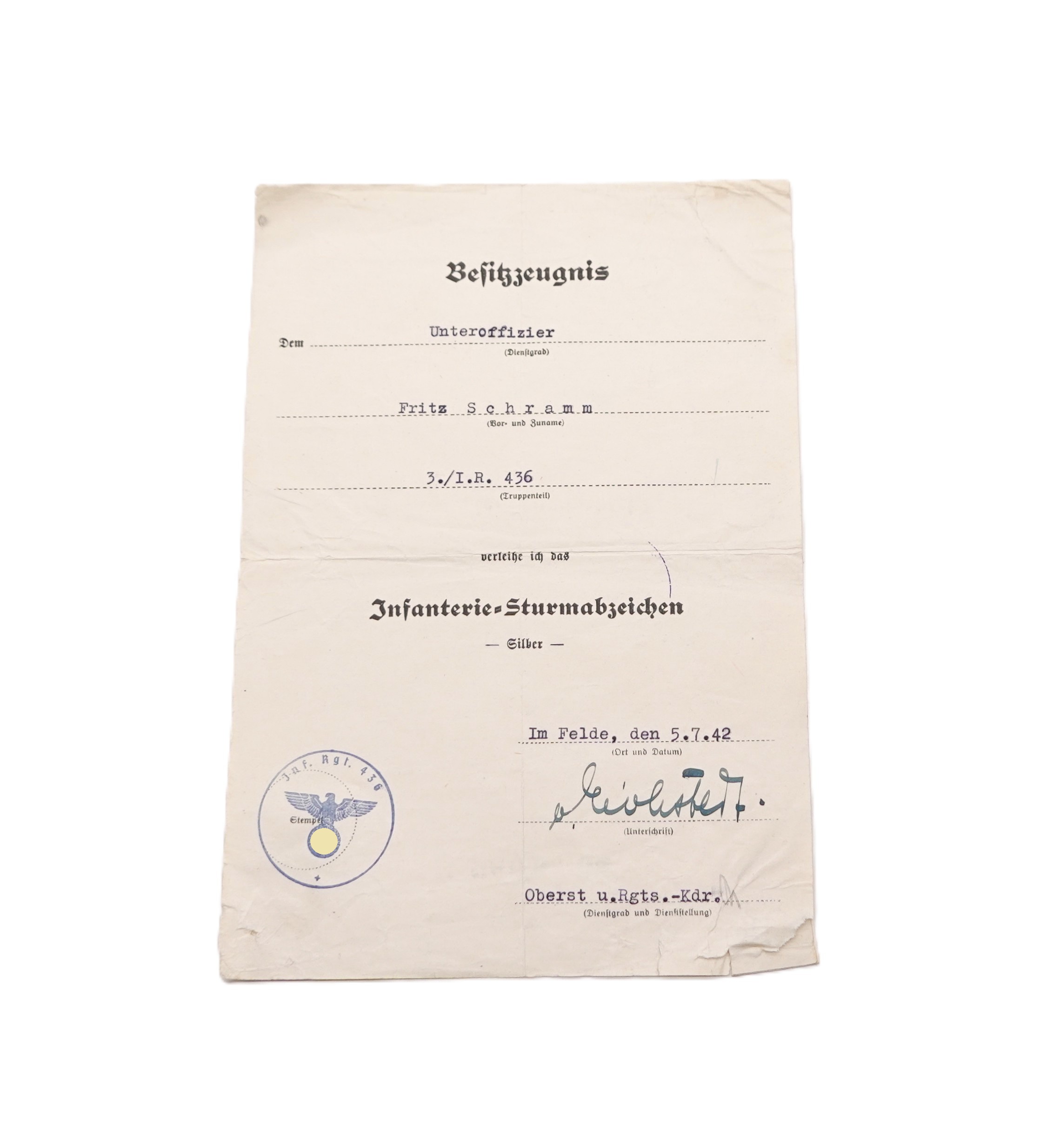 Besitzzeugnis - Infanterie Sturmabzeichen - 3./I.R. 436 - Unterschrift - OU - Generalmajor Werner von Eichstedt - ISA