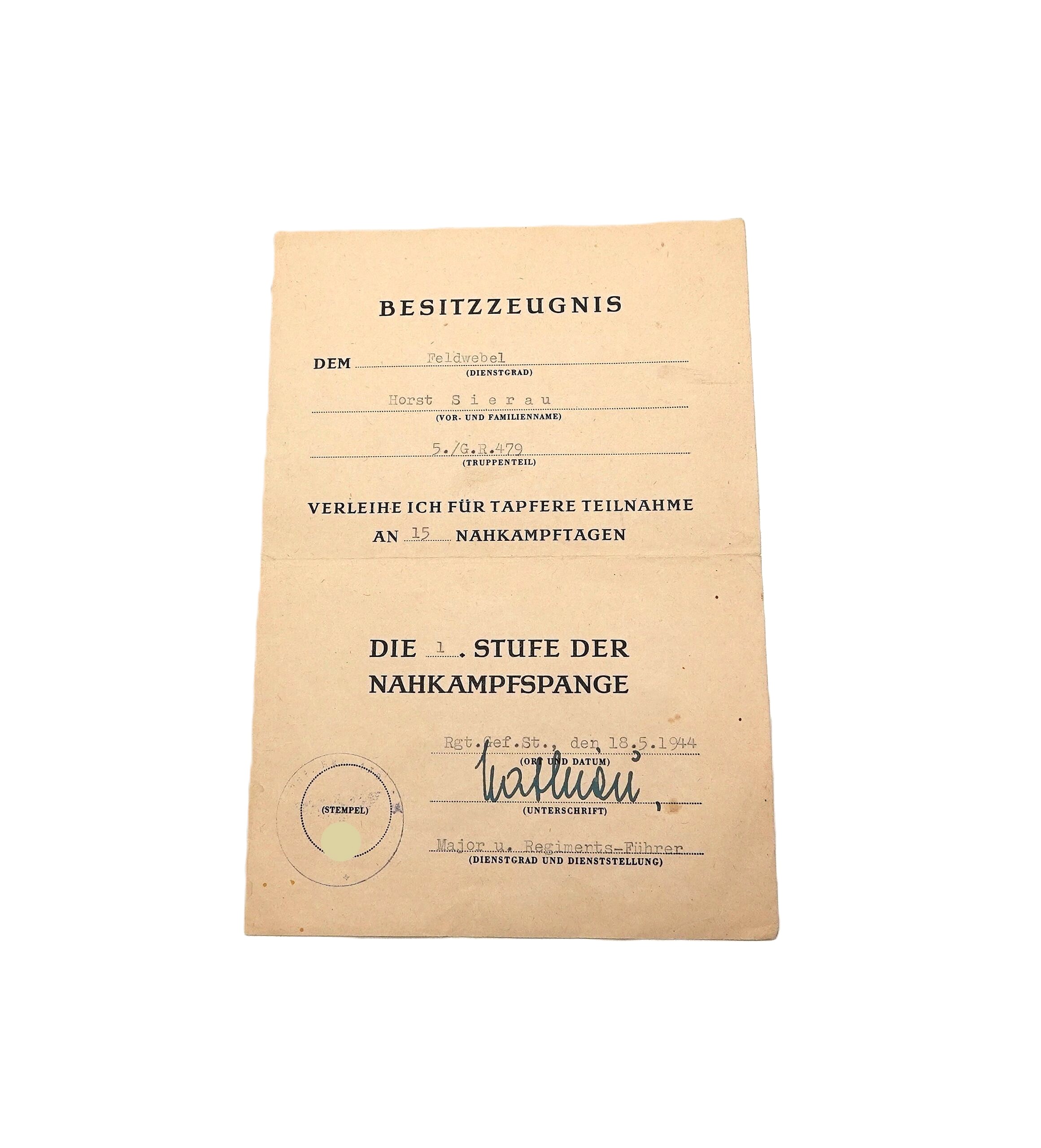Besitzzeugnis – Nahkampfspange Bronze – 1. Stufe – 5./G.R. 479 – Verleihungsurkunde – Urkunde – NKS