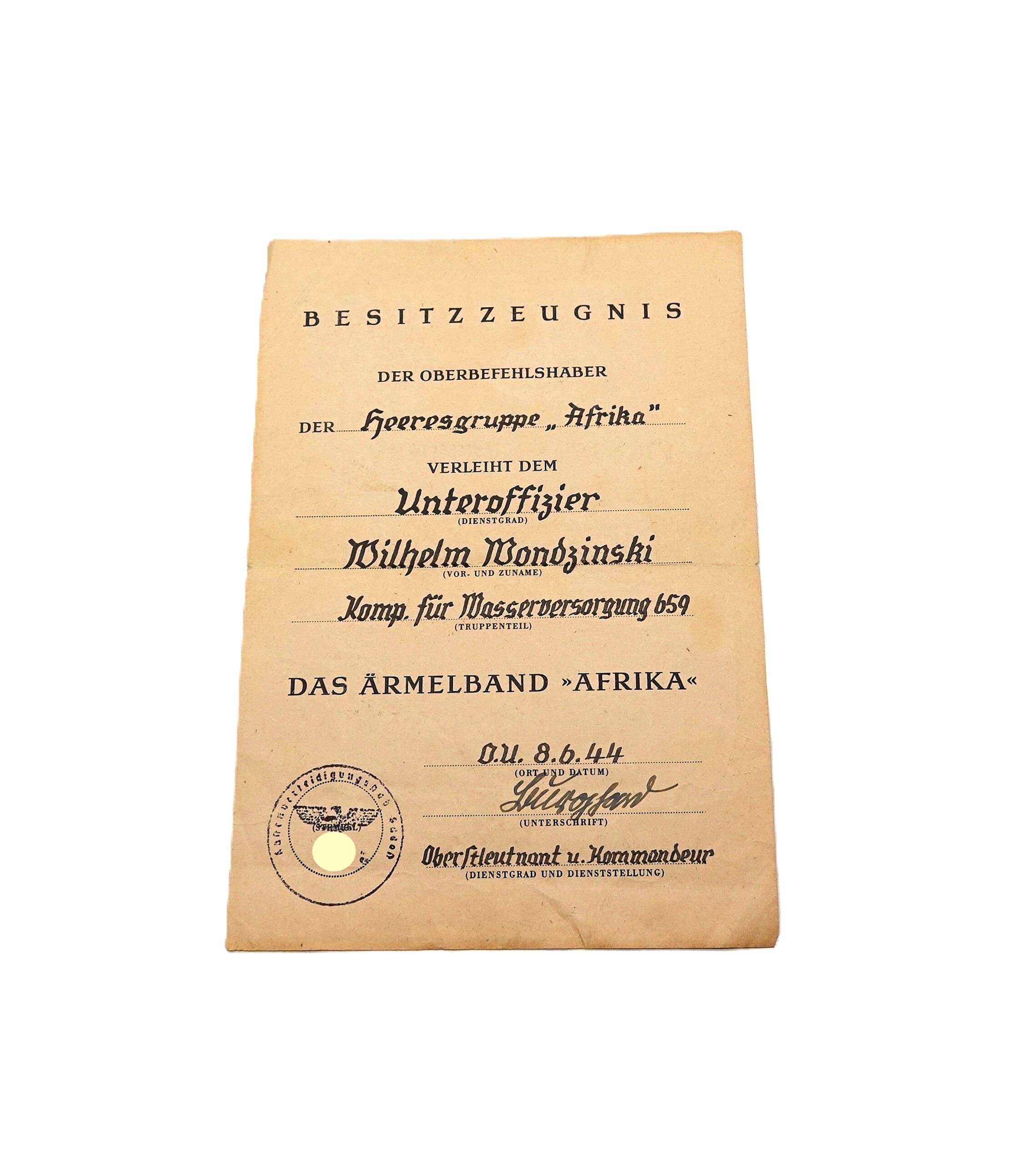 Besitzzeugnis – Ärmelband Afrika – Ärmelstreifen – Anschreiben Erinnerungsmedaille Deutsch-Italienischen Feldzug – DAK – Bild 2