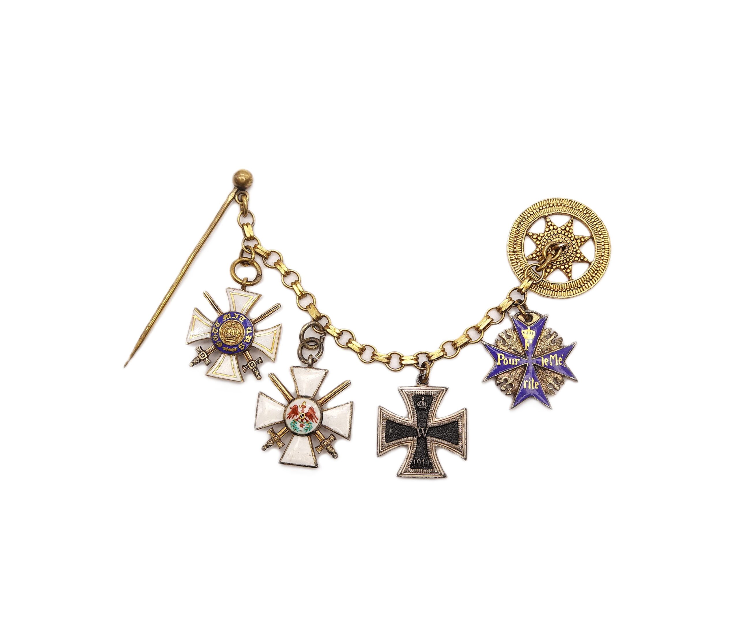 Frackkette mit den Miniaturen zum Kronenorden - Roten Adler Orden - Eisernes Kreuz 2. Klasse 1914 - Pour le Mérite - EK - PLM